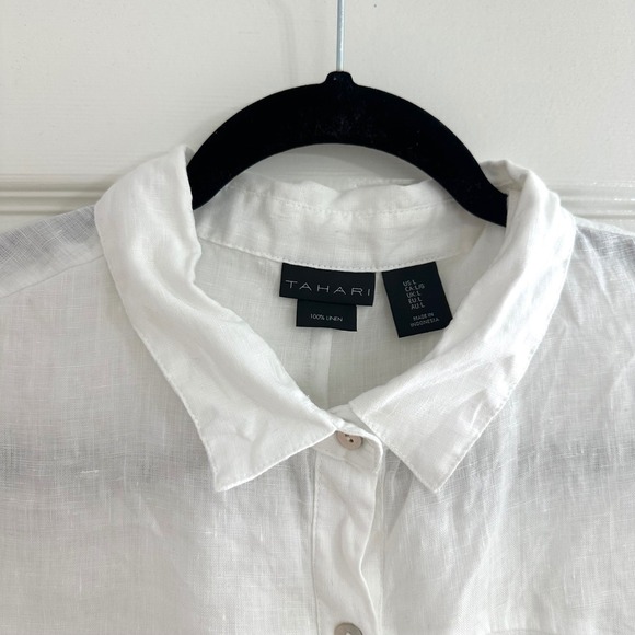 Tahari White 100% Linen Bat Wing Tunic Button Up Long Boxy Top Women's Large - Picture 5 of 8